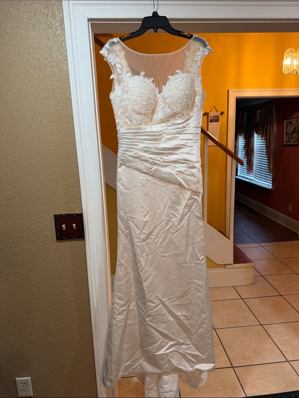 Ivory Lace Bodice Satin Gown with Illusion Neckline